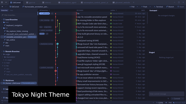 The same GitComet view under Tokyo Night, a custom dark theme