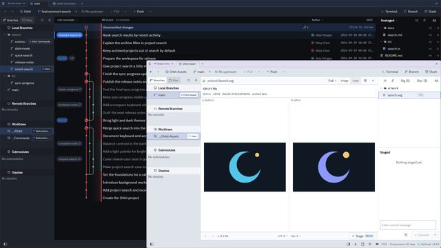Two GitComet workspace windows, Orbit Studio and Design Library, using different themes