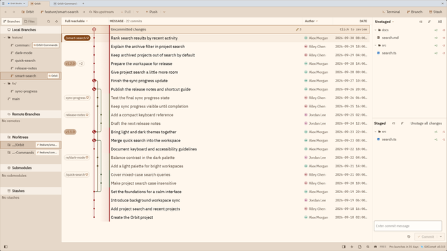 The same GitComet view in the built-in Sunset Veil light theme