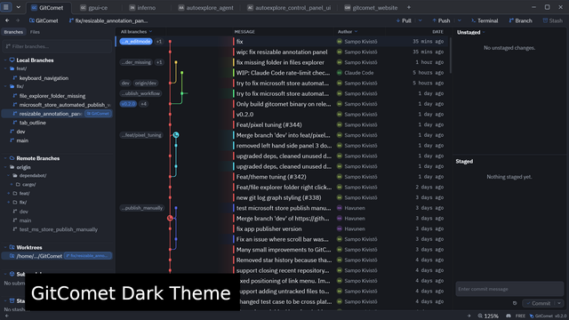 GitComet in the built-in GitComet Dark theme, showing the branch sidebar, commit graph, and history