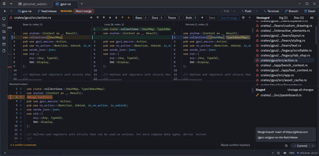 GitComet three-way merge resolver showing base, local, and remote columns with auto-resolved chunks