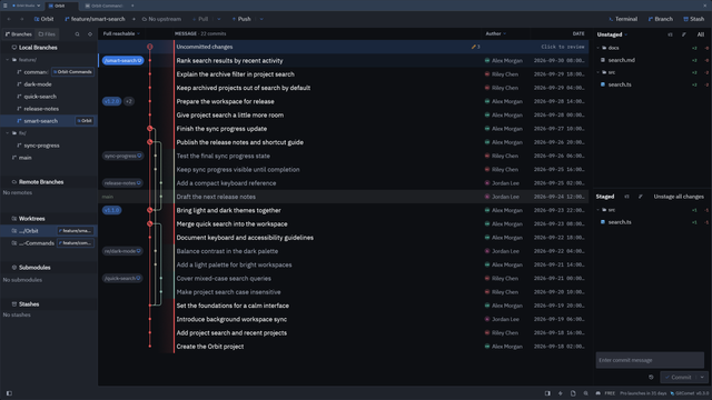 GitComet in the built-in GitComet Dark theme, showing the branch sidebar, commit graph, and history