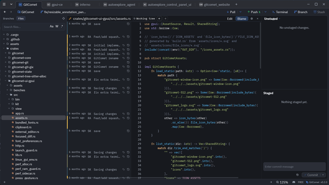 GitComet blame view with recency heat colouring on each line