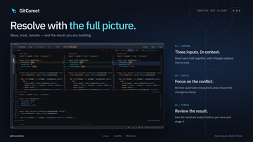 GitComet merge resolution poster featuring the three-way merge tool