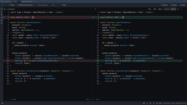 Side-by-side diff in GitComet with syntax highlighting and word-level change highlighting