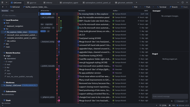 GitComet commit history with the rendered lane graph and an active author filter