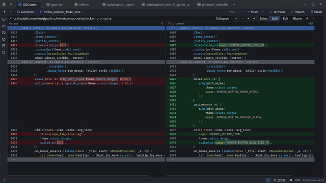 Side-by-side diff in GitComet with syntax highlighting and word-level change highlighting