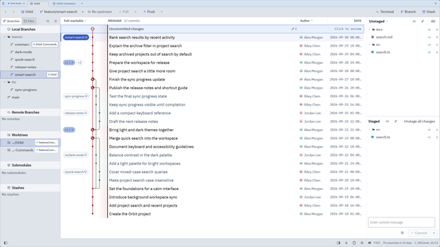 The same GitComet view in the built-in GitComet Light theme