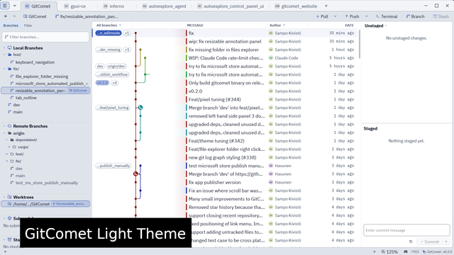 The same GitComet view in the built-in GitComet Light theme