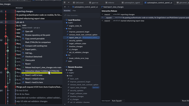 The GitComet interactive rebase editor with reword and squash actions assigned to three commits