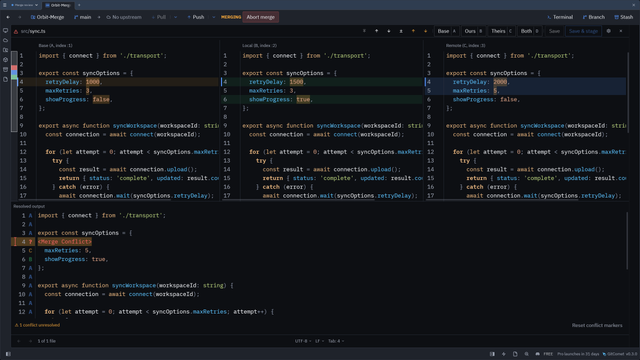 GitComet three-way merge resolver showing base, local, and remote columns with auto-resolved chunks