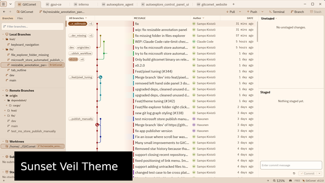 The same GitComet view under Sunset Veil, a custom light theme