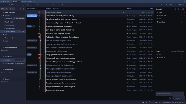 The same GitComet view in the built-in Tokyo Night dark theme