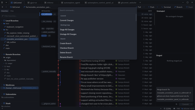 The GitComet command palette opened with Ctrl-P